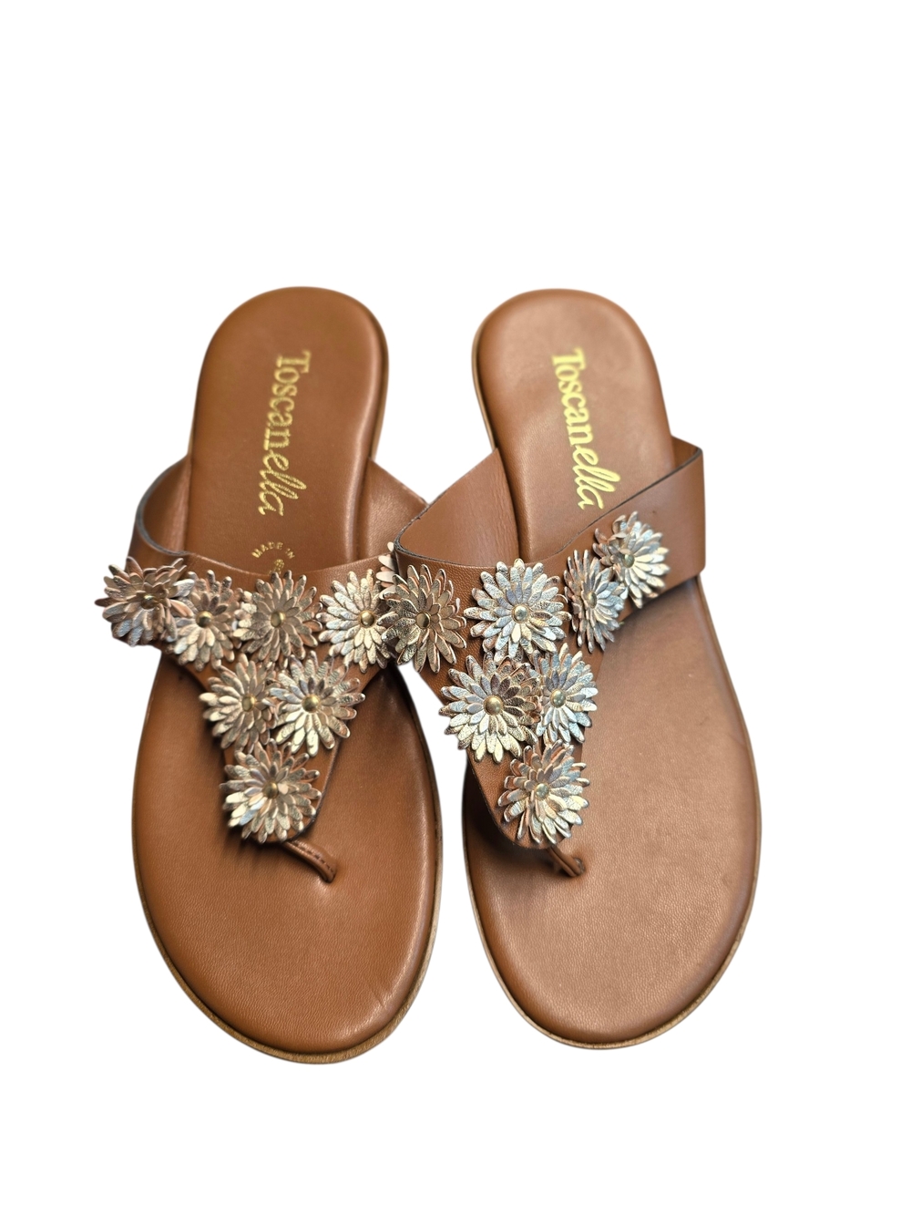 Toscanella Brown Leather Floral Thong Sandals
